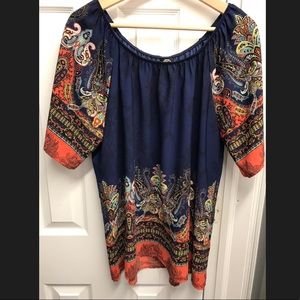 Comfortable navy top with colorful design